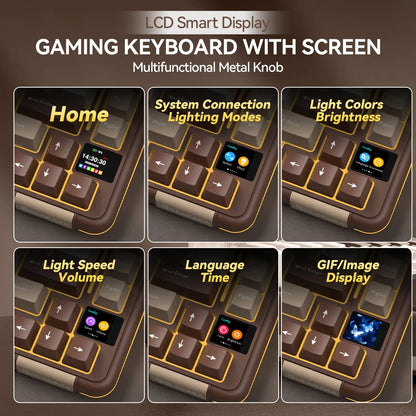 Solakaka A75 Pro Wireless Mechanical Keyboard, Tri-Mode 2.4G/BT5.0/USB-C, RGB Backlit Gaming Keyboard with Screen & Knob, Hot Swappable, Creamy Custom Keyboard for PC Mac Linux Milk Coffee Brown Color Home Office Desk Accessory