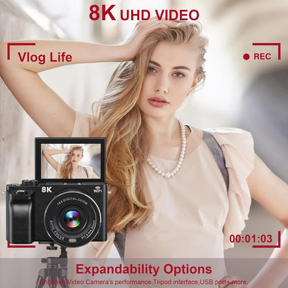 Digital Camera Wifi - 8K 88MP Cameras for Photography - 18X Zoom Vlogging Camera for Youtube with 3" 180° Flip Screen- UHD Autofocus Video Camara with Lens Hood 64GB Card