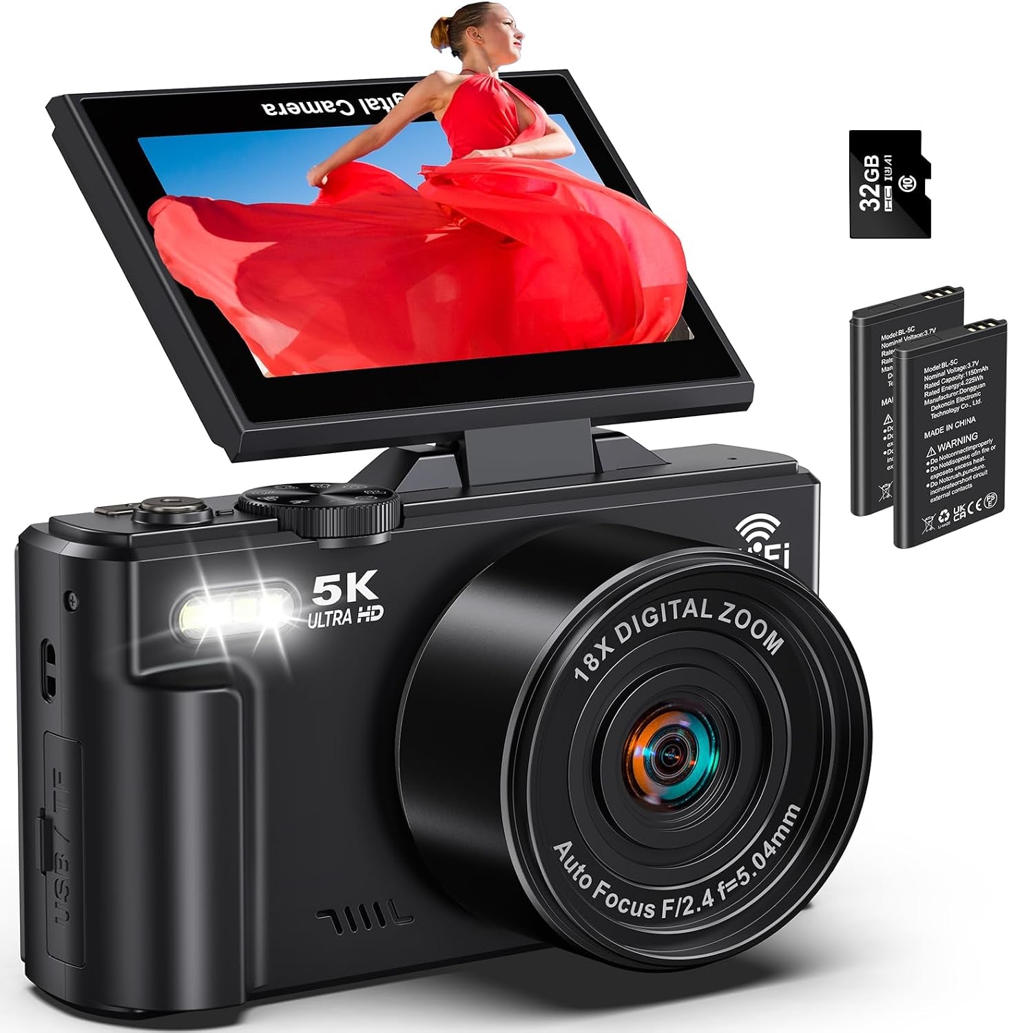 5K Digital Camera for Photography - 75MP Wifi Vlogging Camera for Youtube - UHD 18X Zoom Digital Cameras with Flip Screen 3" 180° - Travel Flash Camara with 32GB SD Card for Beginners & Adults