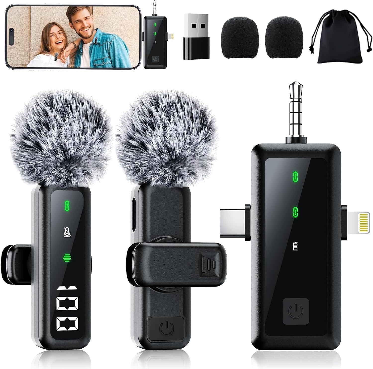 Wireless Lavalier Microphone for Iphone, Android, Camera, 3 in 1 Mini Clip-On Lapel Mic with Noise Canceling & Battery Display, 2 Pack for Tiktok Youtube Vlog Podcast Video Recording