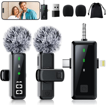 Wireless Lavalier Microphone for Iphone, Android, Camera, 3 in 1 Mini Clip-On Lapel Mic with Noise Canceling & Battery Display, 2 Pack for Tiktok Youtube Vlog Podcast Video Recording