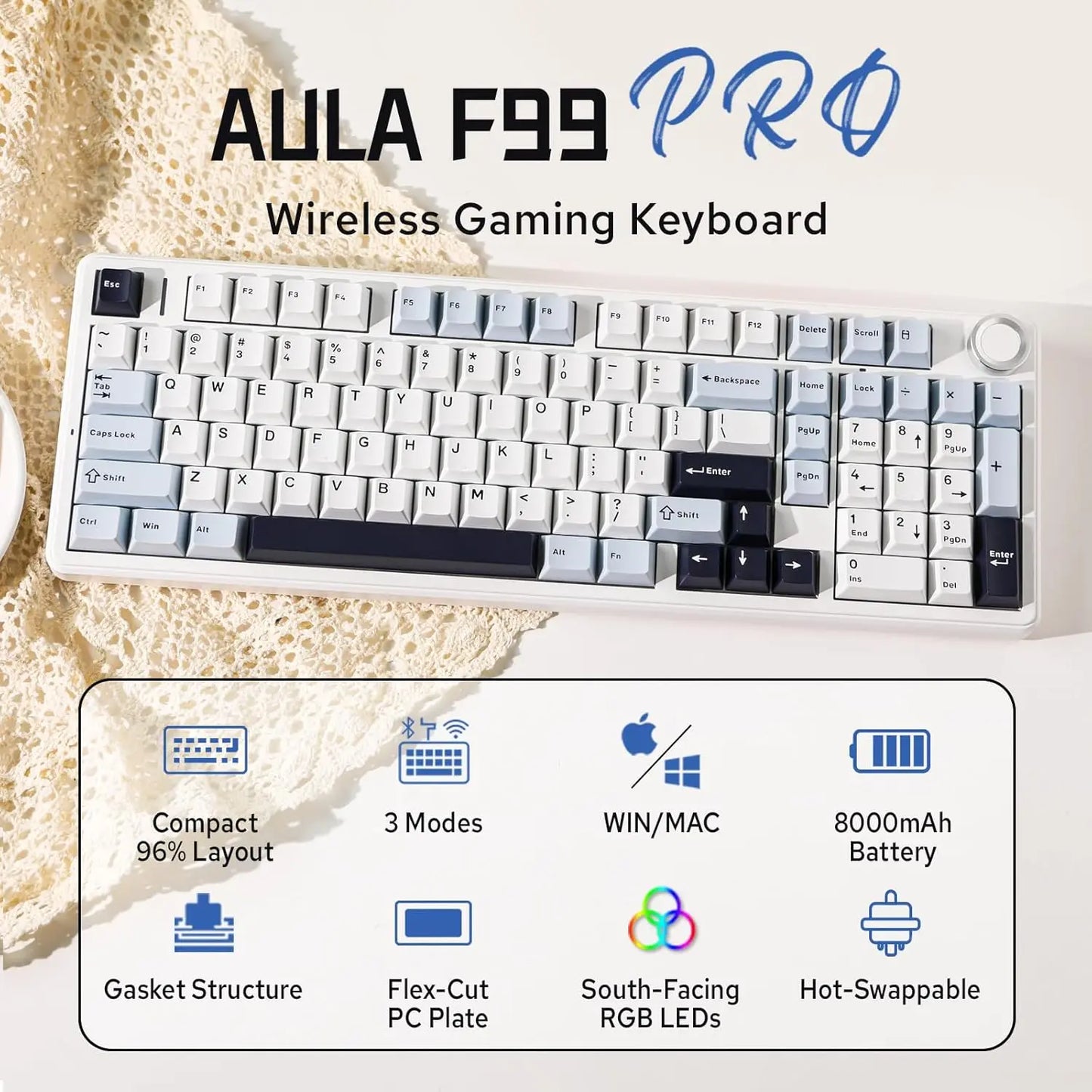 【Deals】Official Aula X Leobog F99PRO Mechanical Gaming Keyboard with Knob,Tri-Mode Bt5.0/Usb-C/2.4Ghz Hot Swappable Custom Keyboard,Windows& Android&Mac