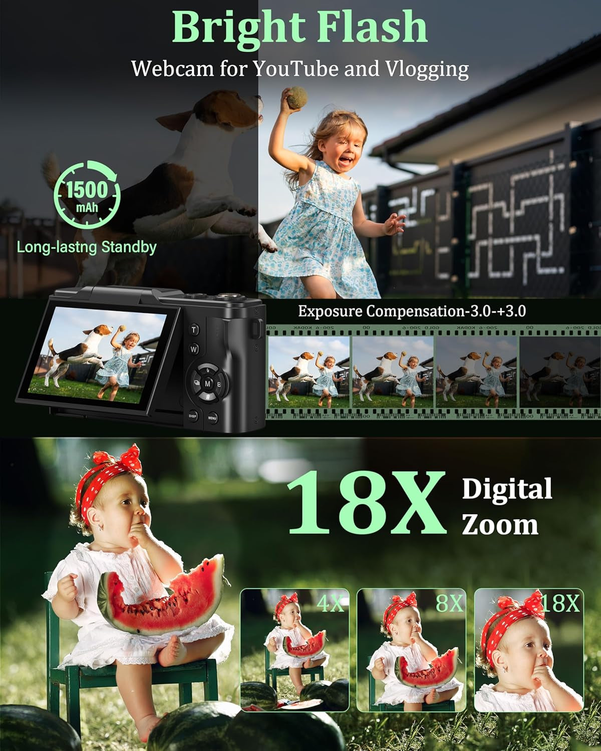 4K Digital Camera for Photography, 64MP Vlogging Camera for Youtube with 180° Flip Screen, 18X Zoom UHD Autofocus Video Camara, Compact with 32GB Micro SD Card for Teens, Boys & Girls, Beginners
