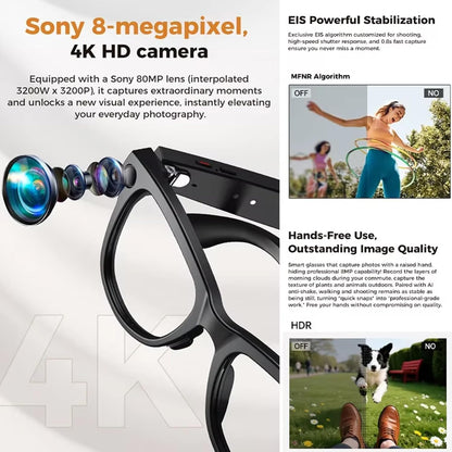 AI Smart Glasses 4K HD Camera, BT Call 800W Anti-Shake Camera Glasses with Video Recording Dual Mic Simultaneous Interpretation/Gpt Identify Objects with Charging Case and Replaceable Lenses