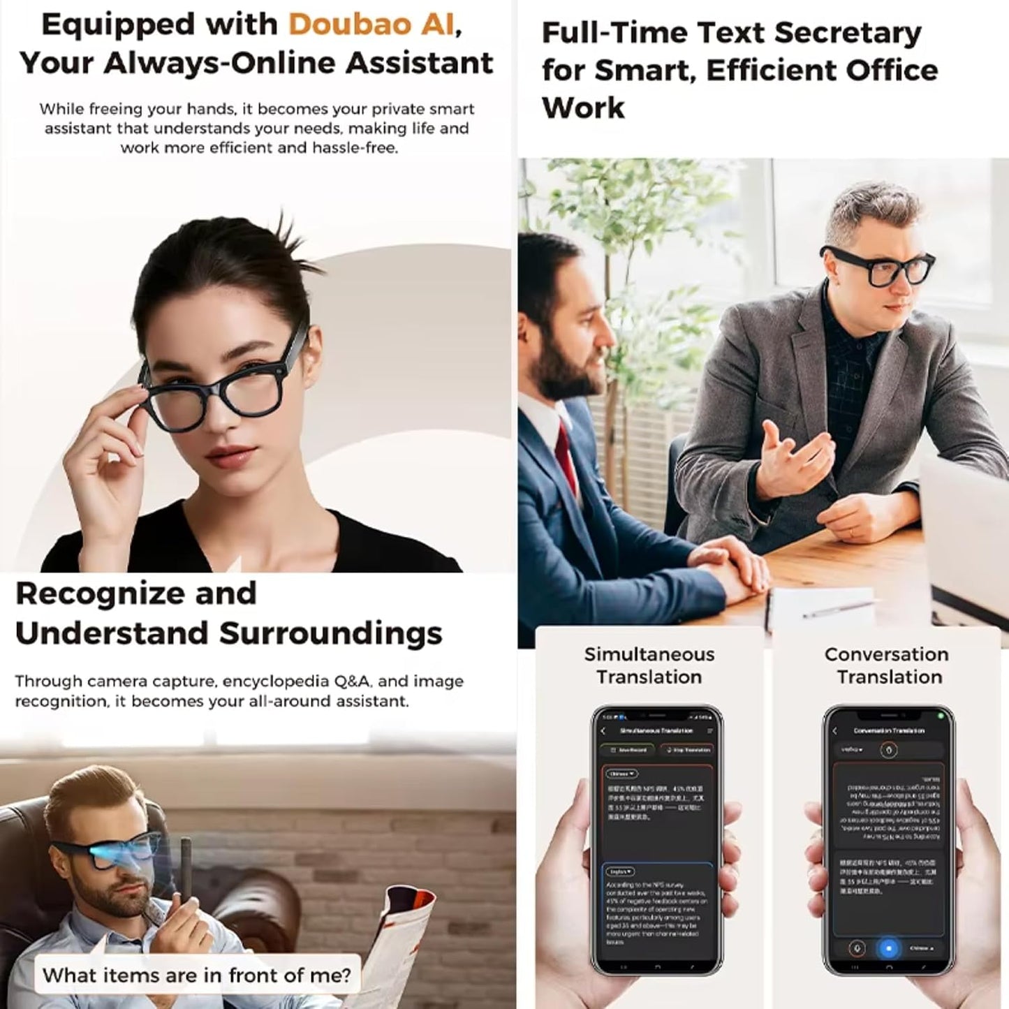 AI Smart Glasses 4K HD Camera, BT Call 800W Anti-Shake Camera Glasses with Video Recording Dual Mic Simultaneous Interpretation/Gpt Identify Objects with Charging Case and Replaceable Lenses