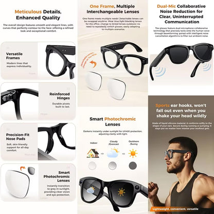 AI Smart Glasses 4K HD Camera, BT Call 800W Anti-Shake Camera Glasses with Video Recording Dual Mic Simultaneous Interpretation/Gpt Identify Objects with Charging Case and Replaceable Lenses