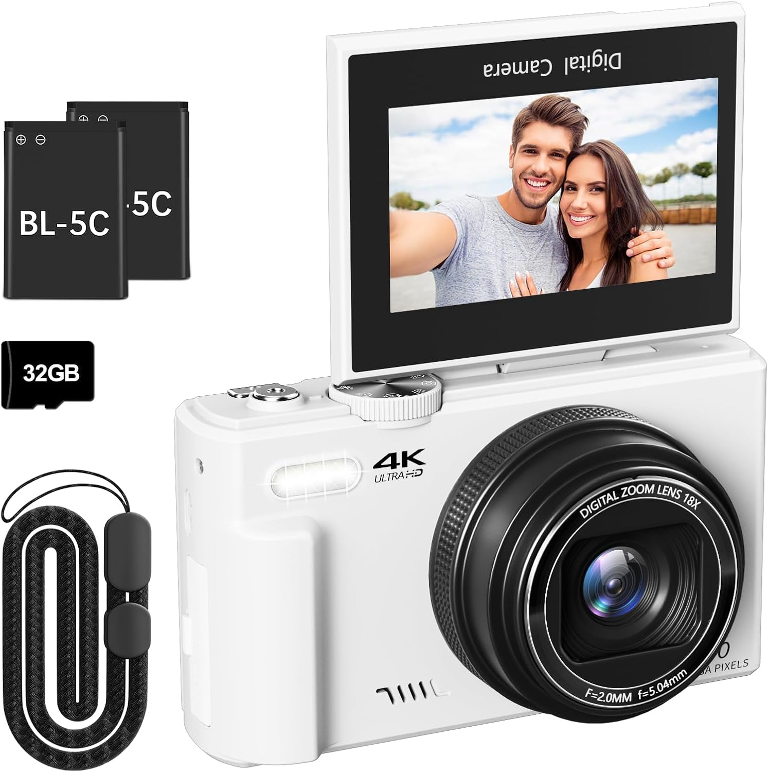 4K Digital Camera for Photography, 64MP Vlogging Camera for Youtube with 3" 180° Flip Screen, 18X Digital Zoom Point and Shoot Camara with 32GB Micro SD Card for Beginner (White)