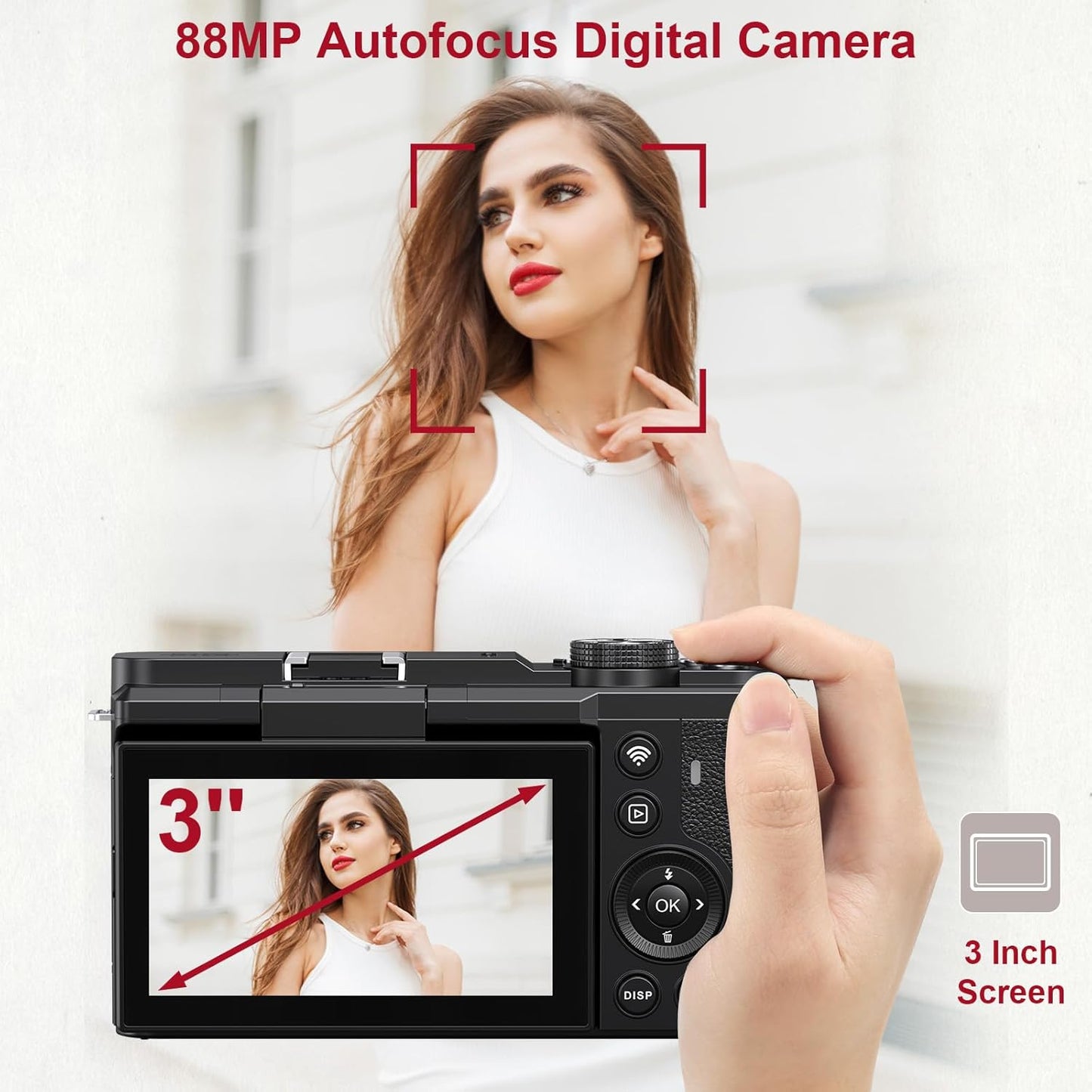 Digital Camera Wifi - 8K 88MP Cameras for Photography - 18X Zoom Vlogging Camera for Youtube with 3" 180° Flip Screen- UHD Autofocus Video Camara with Lens Hood 64GB Card