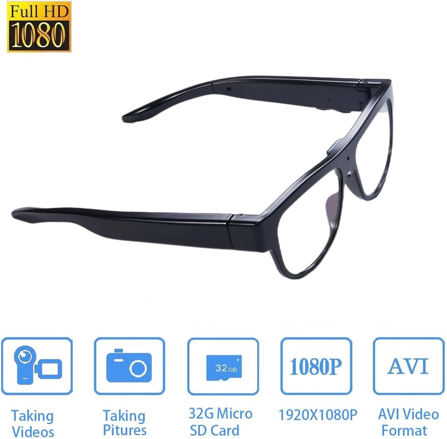 1080P Wearable Video Recording Glasses for Outdoor Sports with 32GB Memory Card