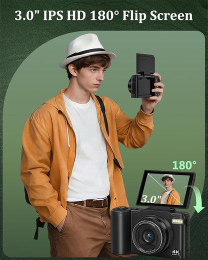 4K Digital Camera for Photography, 64MP Vlogging Camera for Youtube with 180° Flip Screen, 18X Zoom UHD Autofocus Video Camara, Compact with 32GB Micro SD Card for Teens, Boys & Girls, Beginners