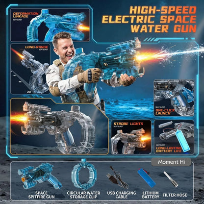 Mechanical Transforming Electric Water 𝙂𝙪𝙣 for Kids Adults,Electric Water 𝙗laster with Strobe Lights,Long Range & Mechanical Deformation, Outdoor Water Game Gift Boys Girls (Black)