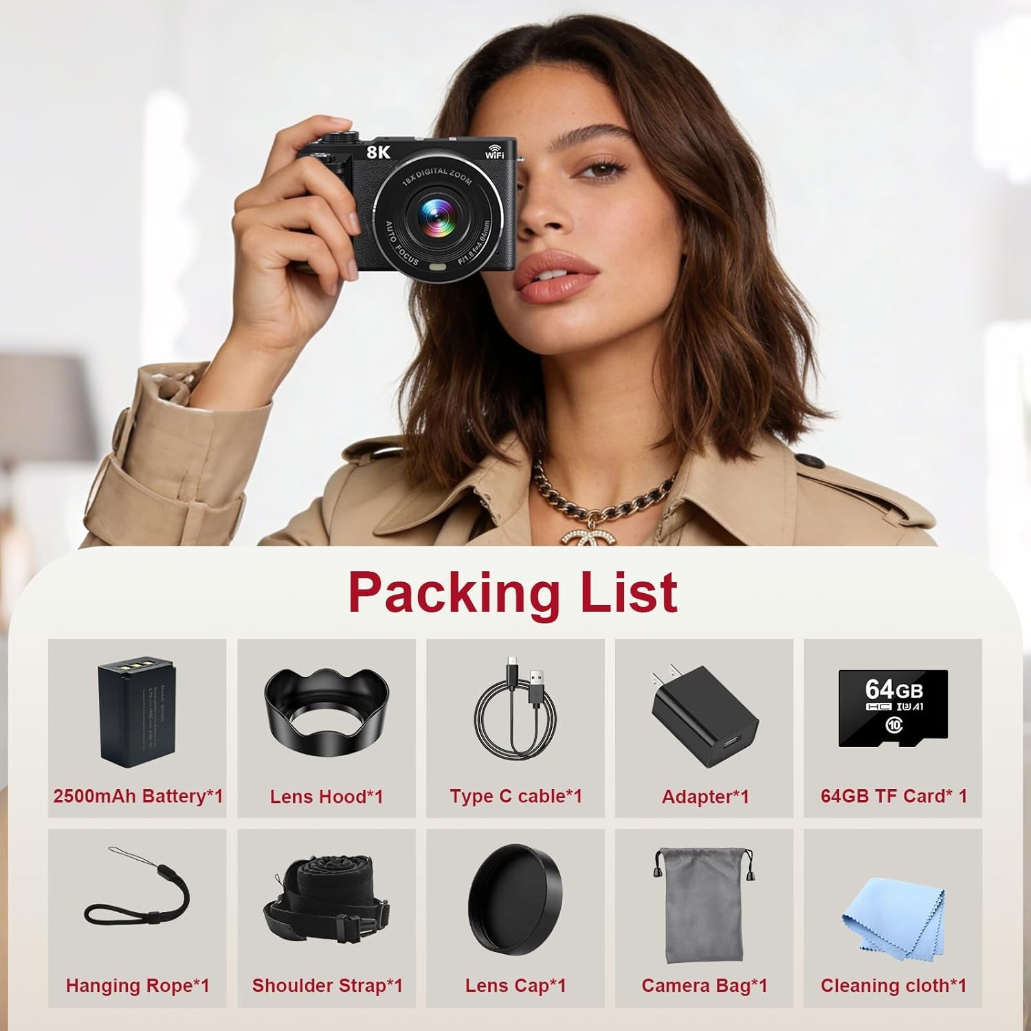 Digital Camera Wifi - 8K 88MP Cameras for Photography - 18X Zoom Vlogging Camera for Youtube with 3" 180° Flip Screen- UHD Autofocus Video Camara with Lens Hood 64GB Card