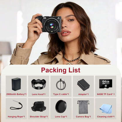 Digital Camera Wifi - 8K 88MP Cameras for Photography - 18X Zoom Vlogging Camera for Youtube with 3" 180° Flip Screen- UHD Autofocus Video Camara with Lens Hood 64GB Card