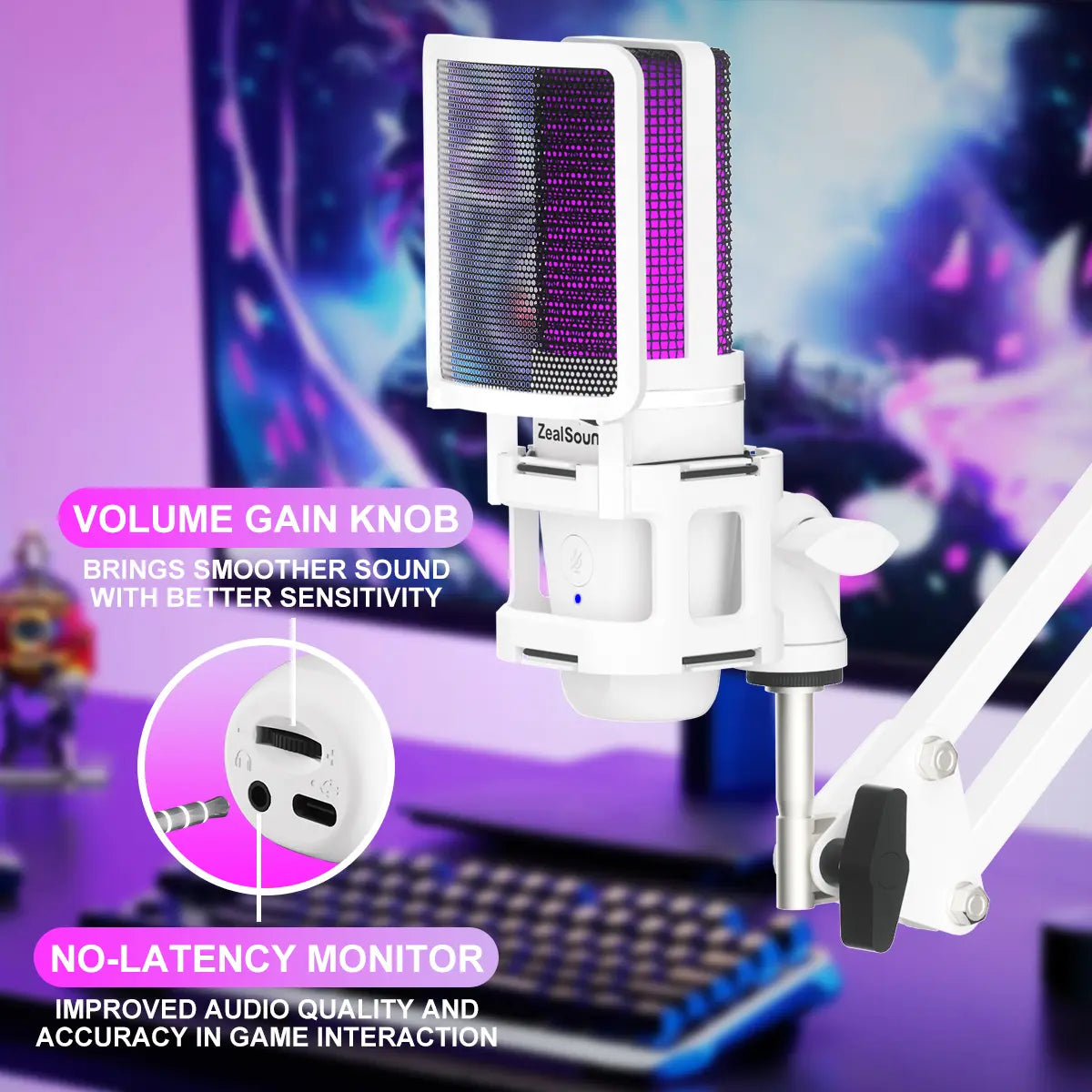 Zealsound USB Plug and Play Microphone with Type-C Adapter (NO LIGHTNING ADAPTER), RGB Microphone with One-Click Mute & Monitoring, Suitable for Phone, PC, Computer, PS4, PS5, MAC, Streaming, Podcast