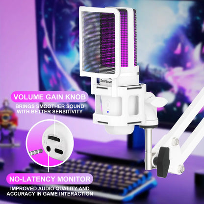 Zealsound USB Plug and Play Microphone with Type-C Adapter (NO LIGHTNING ADAPTER), RGB Microphone with One-Click Mute & Monitoring, Suitable for Phone, PC, Computer, PS4, PS5, MAC, Streaming, Podcast