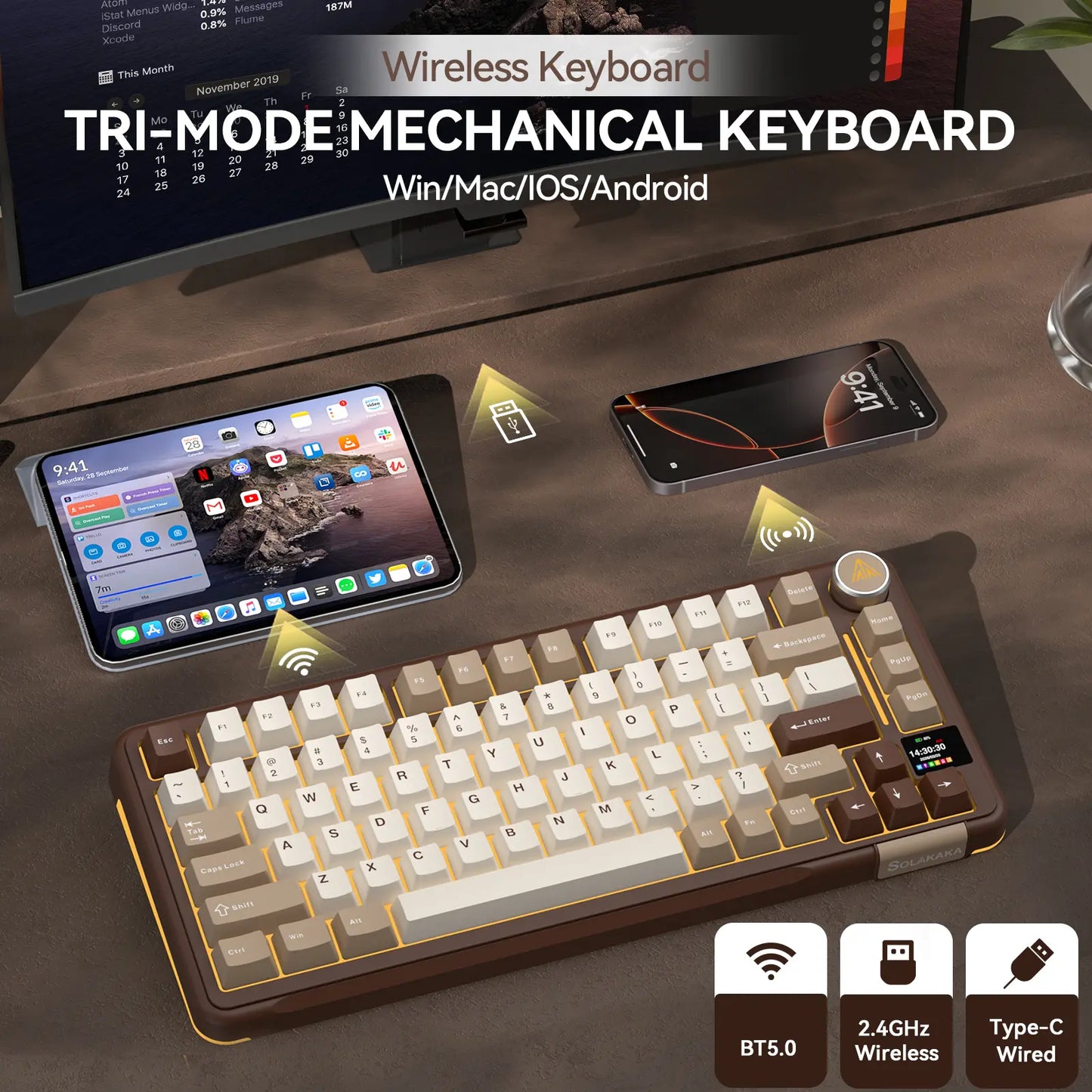 Solakaka A75 Pro Wireless Mechanical Keyboard, Tri-Mode 2.4G/BT5.0/USB-C, RGB Backlit Gaming Keyboard with Screen & Knob, Hot Swappable, Creamy Custom Keyboard for PC Mac Linux Milk Coffee Brown Color Home Office Desk Accessory