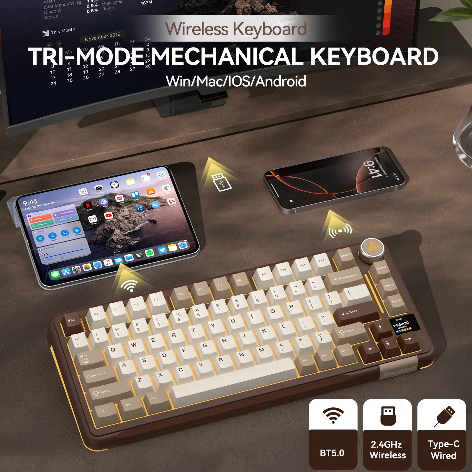 Solakaka A75 Pro Wireless Mechanical Keyboard, Tri-Mode 2.4G/BT5.0/USB-C, RGB Backlit Gaming Keyboard with Screen & Knob, Hot Swappable, Creamy Custom Keyboard for PC Mac Linux Milk Coffee Brown Color Home Office Desk Accessory