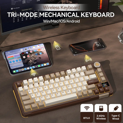 Solakaka A75 Pro Wireless Mechanical Keyboard, Tri-Mode 2.4G/BT5.0/USB-C, RGB Backlit Gaming Keyboard with Screen & Knob, Hot Swappable, Creamy Custom Keyboard for PC Mac Linux Milk Coffee Brown Color Home Office Desk Accessory