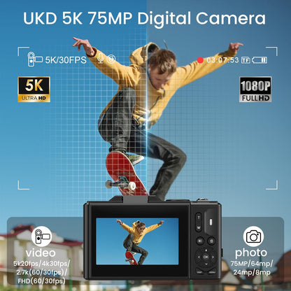 5K Digital Camera with 75MP Autofocus, WiFi Connectivity, 3" 180° Flip Screen, 18X Digital Zoom, 64GB SD Card, and 2 Batteries - Ideal for Photography and Vlogging Beginners, Black