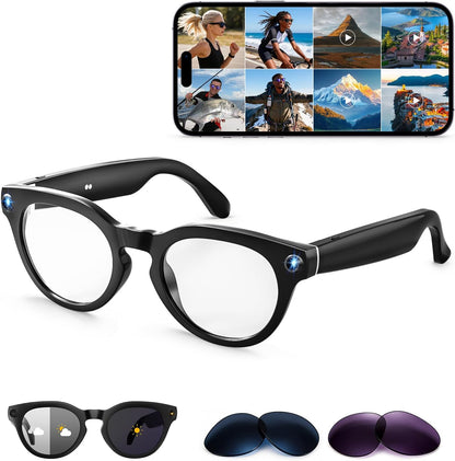AI Smart Glasses with 2K Camera, 12MP Video Recording, Real-Time Translation, AI Voice Assistant, and Interchangeable Photochromic, Purple, and Blue Lenses
