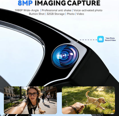 AI Smart Glasses with 8MP HD Camera, Voice Assistant, Open-Ear Audio, Real-Time Translation, and Video Recording Capabilities for Professional and Everyday Use (Black)