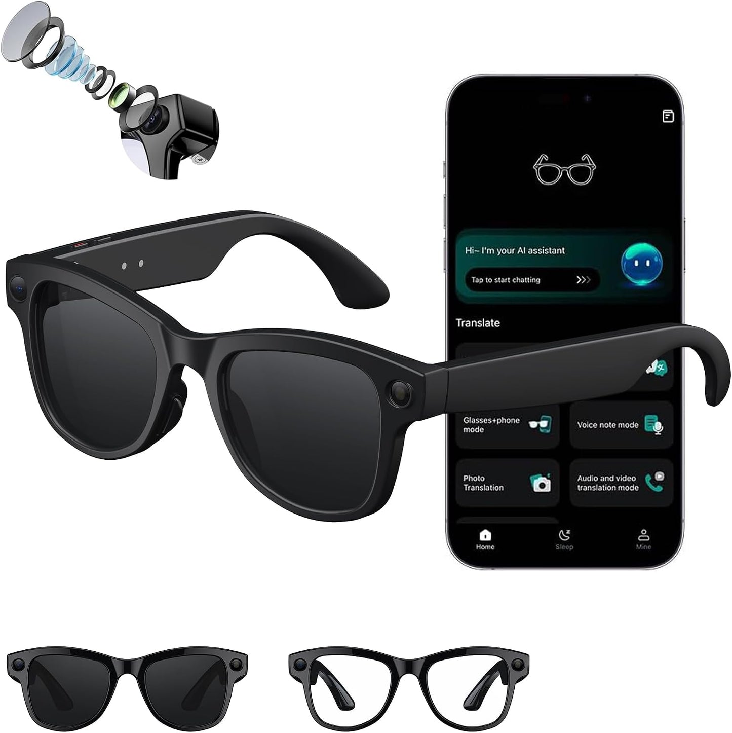 AI Smart Glasses 4K HD Camera, BT Call 800W Anti-Shake Camera Glasses with Video Recording Dual Mic Simultaneous Interpretation/Gpt Identify Objects with Charging Case and Replaceable Lenses
