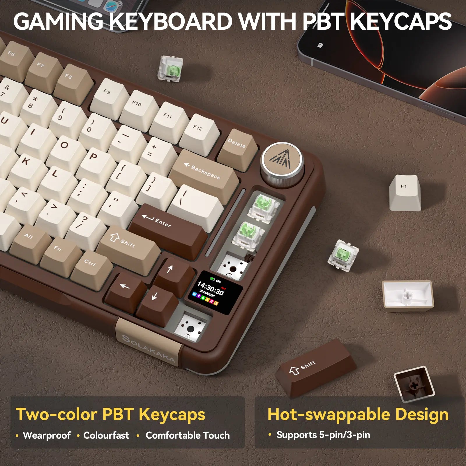 Solakaka A75 Pro Wireless Mechanical Keyboard, Tri-Mode 2.4G/BT5.0/USB-C, RGB Backlit Gaming Keyboard with Screen & Knob, Hot Swappable, Creamy Custom Keyboard for PC Mac Linux Milk Coffee Brown Color Home Office Desk Accessory