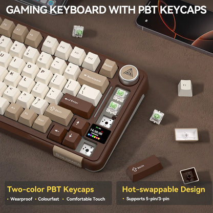 Solakaka A75 Pro Wireless Mechanical Keyboard, Tri-Mode 2.4G/BT5.0/USB-C, RGB Backlit Gaming Keyboard with Screen & Knob, Hot Swappable, Creamy Custom Keyboard for PC Mac Linux Milk Coffee Brown Color Home Office Desk Accessory