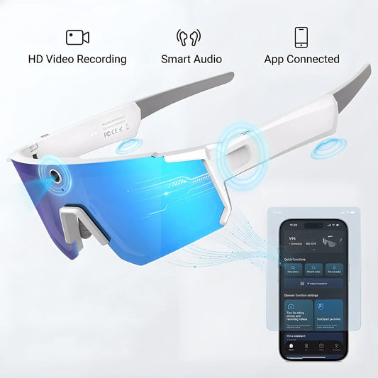 Smart Sports Glasses with 8MP Camera, 2K Photo/1200P Videorecording Wearable Glasses, IP54 Waterproof Multifunctionalwireless Audio Bluetooth Glasses with Headphone, Outdoorsports Polarized Sunglasses with Al Voice Assistant, Uvprotection Eyeglass