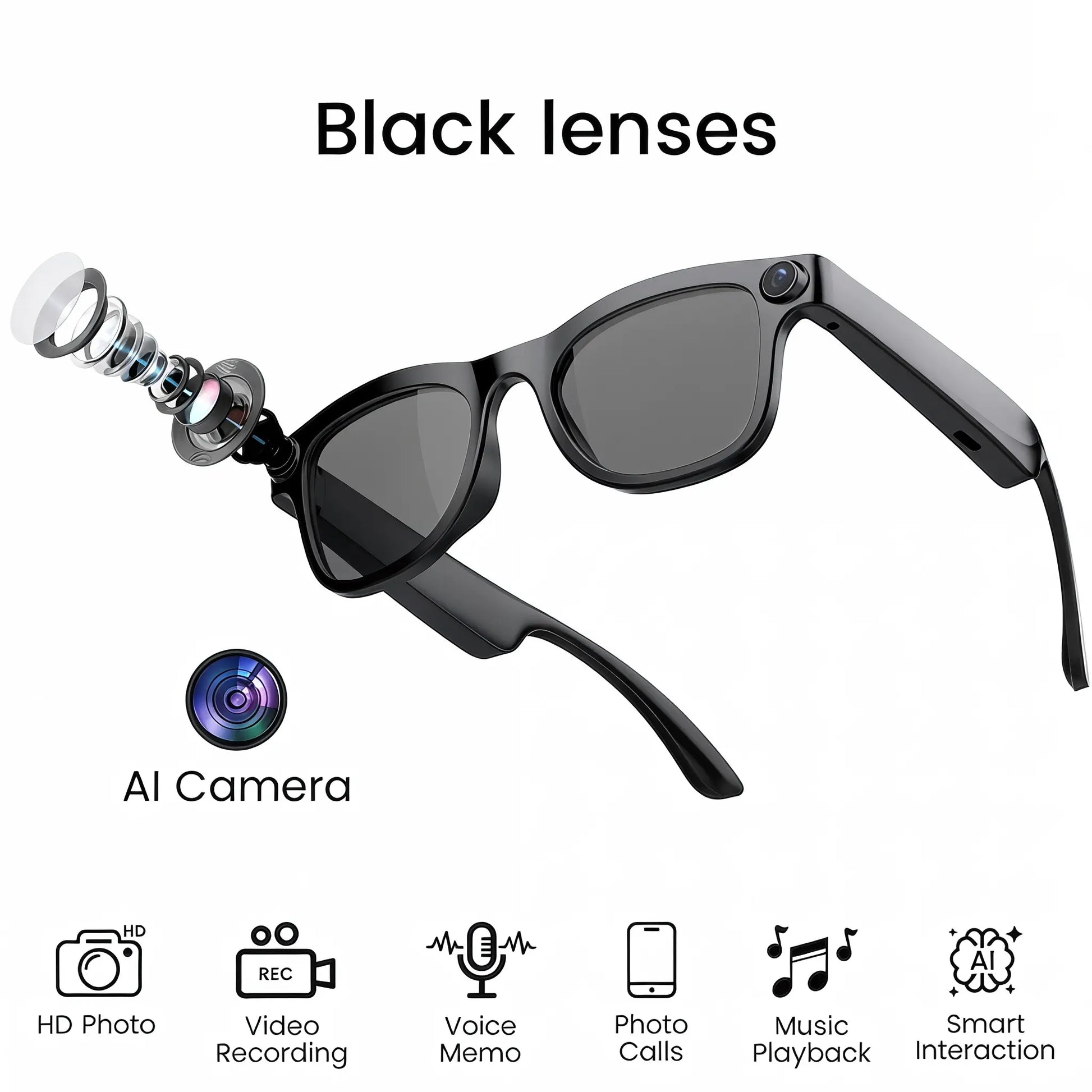 Gemirels Wireless Wearable AI Smart Camera Glasses - HD Anti-Shake Recording, Real-Time Translation, Bluetooth Audio & Calls, 1-Touch Capture for Outdoor Travel, Daily Use Fathersdaygift, Camera Smart Sunglasses, Smart Music Glasses