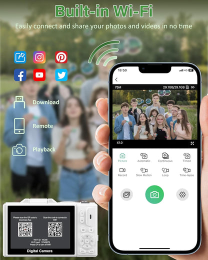 5K Digital Camera for Photography, 75MP Wifi Vlogging Camera for Youtube with 3" 180° Flip Screen, 18X Zoom UHD Autofocus Video Camara with 32GB SD Card