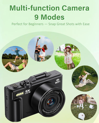 5K Digital Camera for Photography, 75MP Wifi Vlogging Camera for Youtube with 3" 180° Flip Screen, 18X Zoom UHD Autofocus Video Camara with 32GB SD Card, 2 Batteries