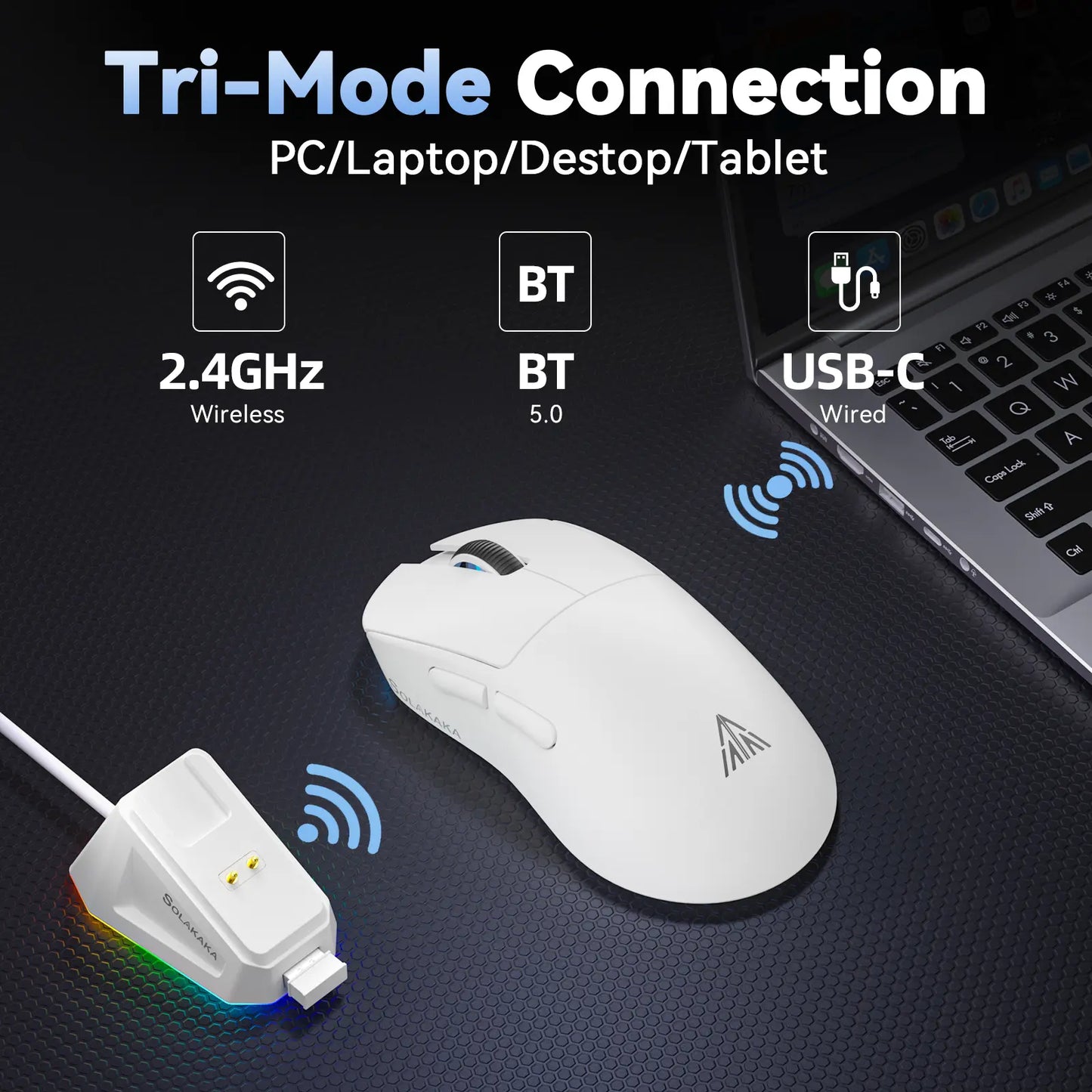 SOLAKAKA SM822 Tri-Mode Wireless Gaming Mouse with RGB Charging Dock, 24000 DPI PAW3311 Sensor, 62G Ultra-Lightweight Programmable Design for PC Gamers, Gaming Accessories