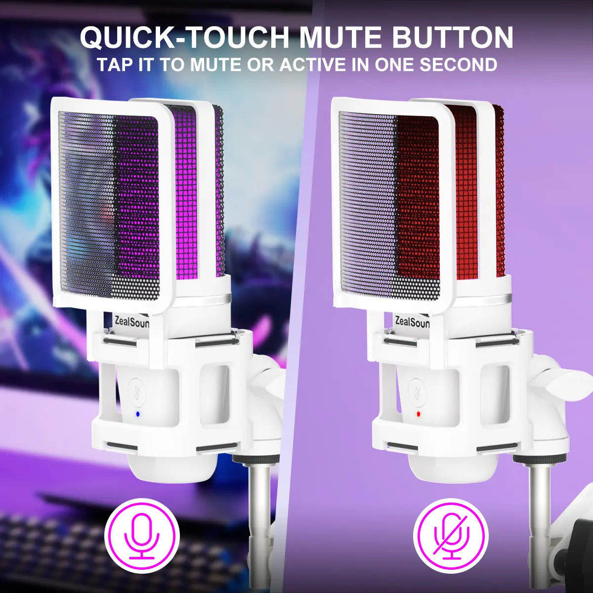 Zealsound USB Plug and Play Microphone with Type-C Adapter (NO LIGHTNING ADAPTER), RGB Microphone with One-Click Mute & Monitoring, Suitable for Phone, PC, Computer, PS4, PS5, MAC, Streaming, Podcast
