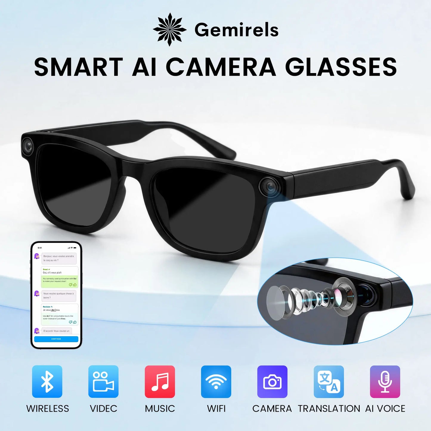 Gemirels Wireless Wearable AI Smart Camera Glasses - HD Anti-Shake Recording, Real-Time Translation, Bluetooth Audio & Calls, 1-Touch Capture for Outdoor Travel, Daily Use Fathersdaygift, Camera Smart Sunglasses, Smart Music Glasses